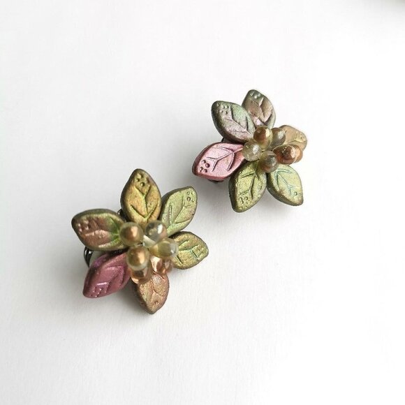 Vintage 90s Czech Bead Earrings Clip On Leaves - Picture 4 of 4